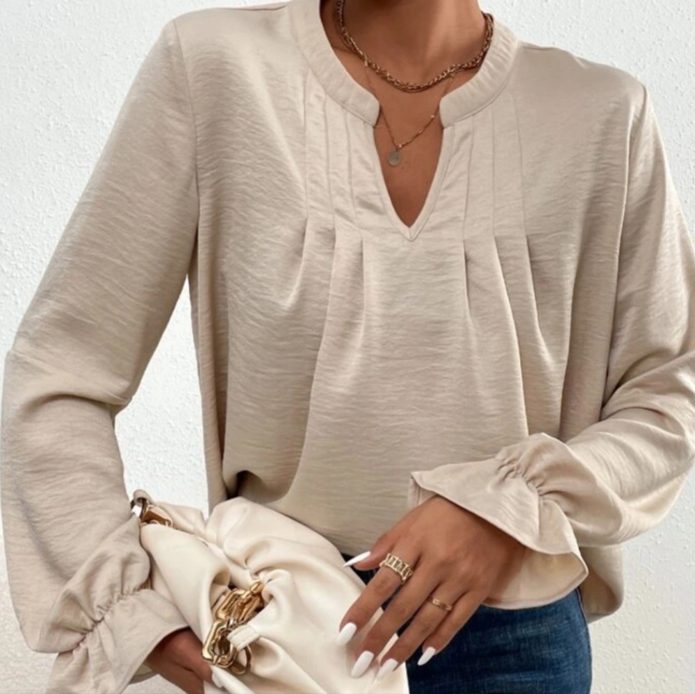 Elegant Cream/ Khaki Women's Blouse Flounce Sleeve Notched Neck Classy